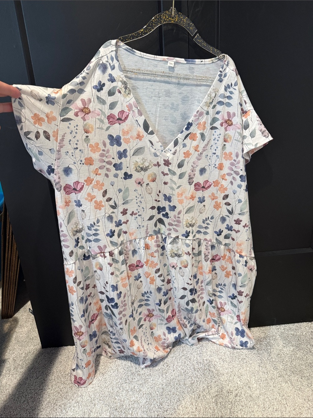 Amazon Floral V-Neck Tunic in White with Pink, Blue, Peach, and Lavender Blooms